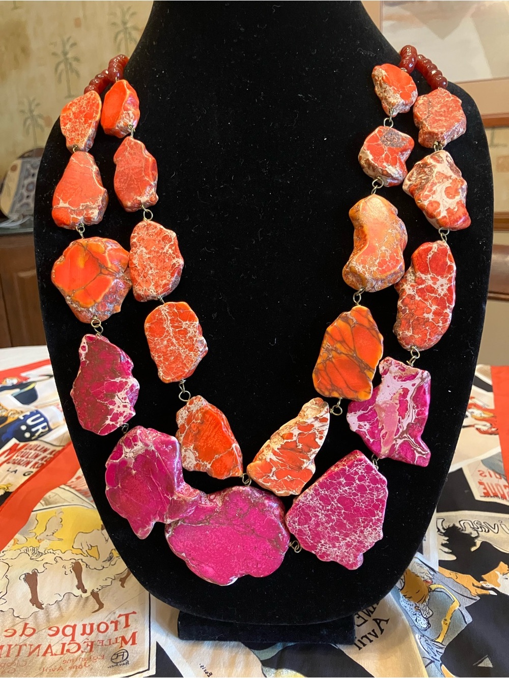 RED/ORANGE AND PINK SEA SEDIMENT  JASPER STATEMENT NECKLACE